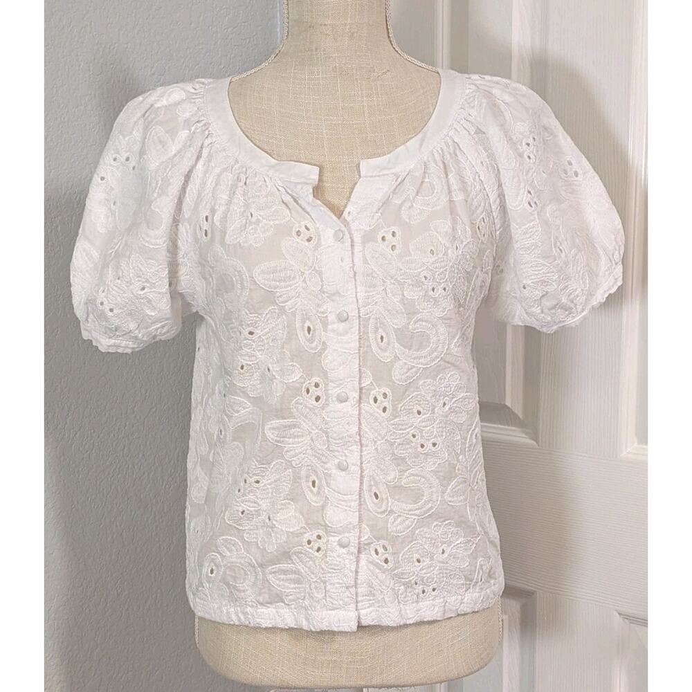 Calypso St Barth Womens Eyelet Embroidered Button Down Shirt Top White Size S
